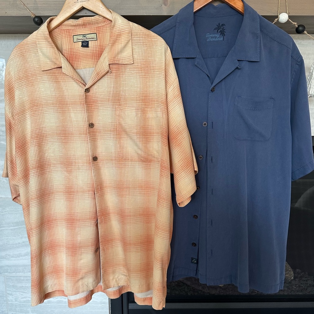 Tommy Bahama Men's Peach Plaid and Navy Dress Shirts